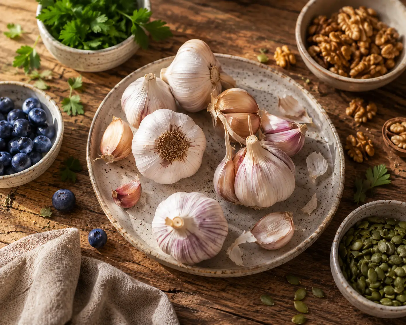 Knoblauch, Nüsse und Petersilie auf einem Tisch