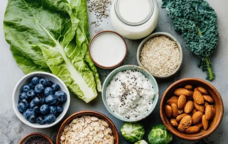 Viel frisches Obst und Gemüse sowie Vollkornprodukte auf einem Tisch