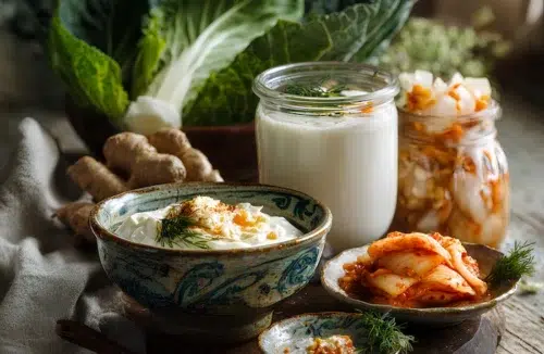 Kimchi, Yoghurt und Gemüse auf einem TIsch