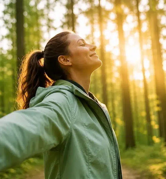Eine Frau steht im Wald, im Hintergrund scheint die Sonne durch die Bäume